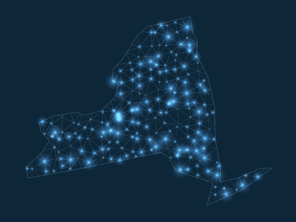 Depiction of networked connections in the shape of New York state.